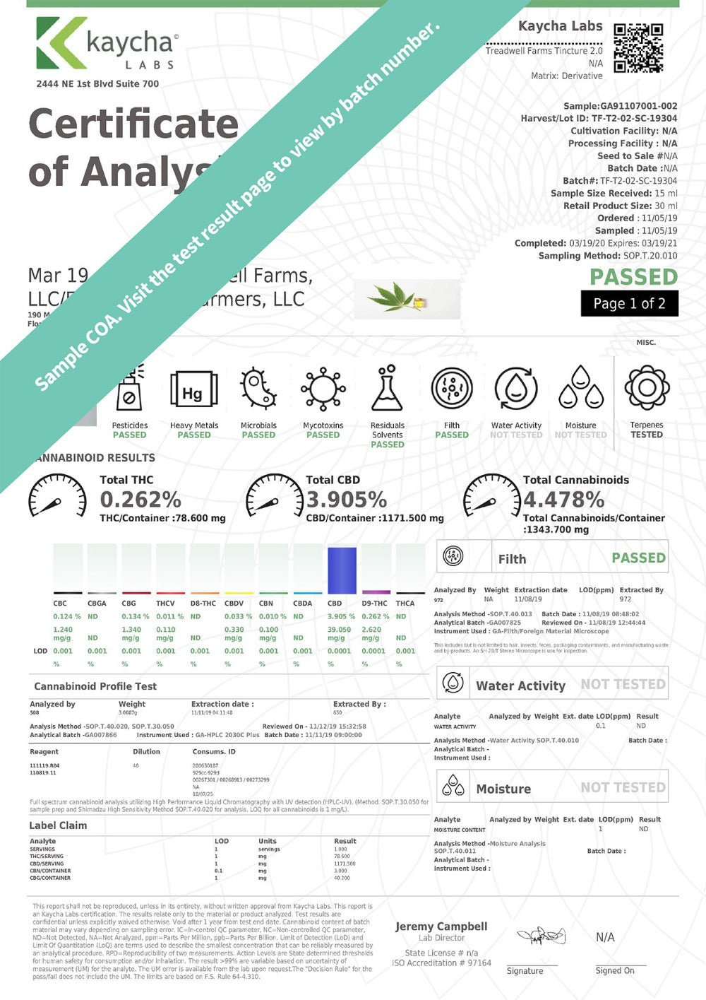 Sample of Treadwell Farms' certificate of analysis (COA) from testing Labs